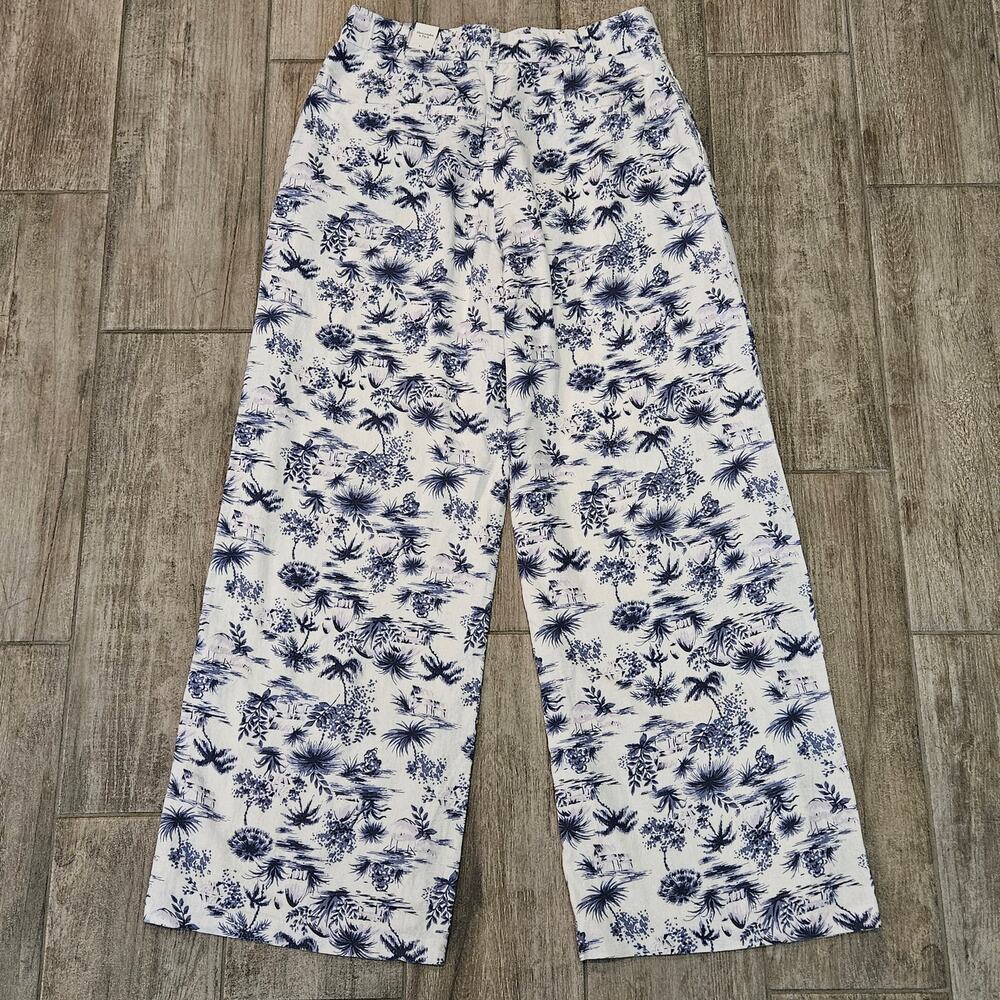 Abercrombie & Fitch Linen Blend Pants Women L Long NEW Blue White Print Wide Leg - Picture 7 of 14